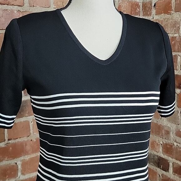 Misook Women's Black White Stripes Acrylic Knit Tunic V-Neck Blouse XS - Picture 2 of 13